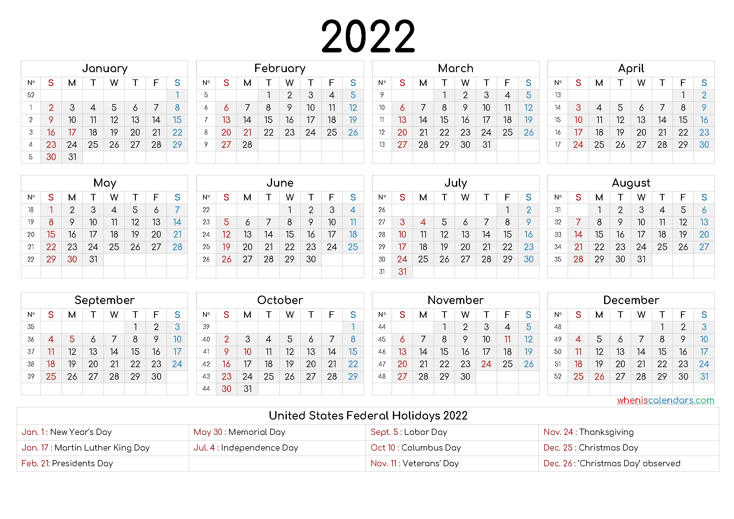 20+ Yearly Calendar 2022 - Free Download Printable