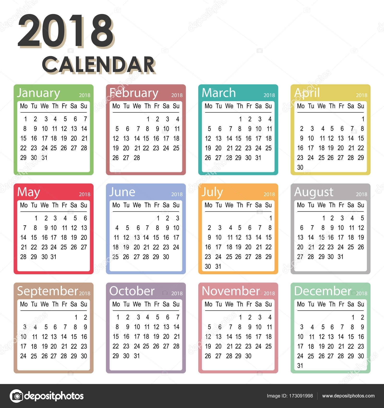 2018 Year Calendar, Week Starts On Monday, Monthly