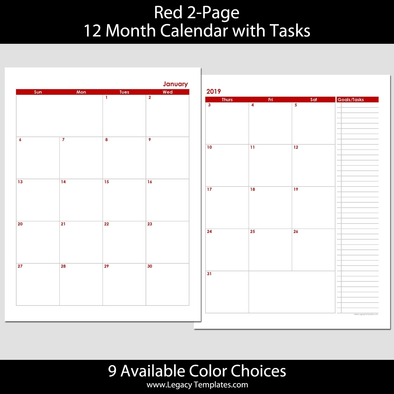 2019 12-Month 2-Page Calendar - 8.5 X 11 | Legacy Templates
