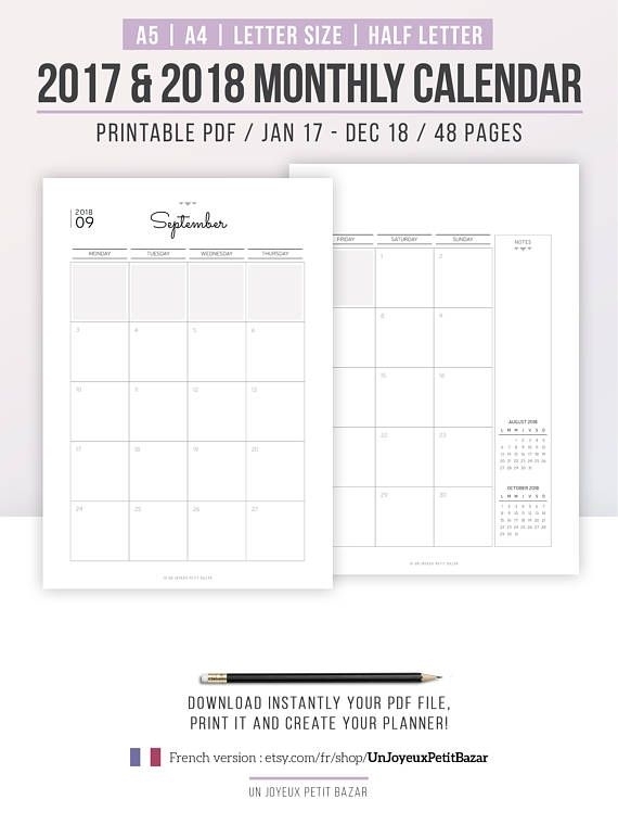 2019 2020 Monthly Planner Printable, Monthly Calendar