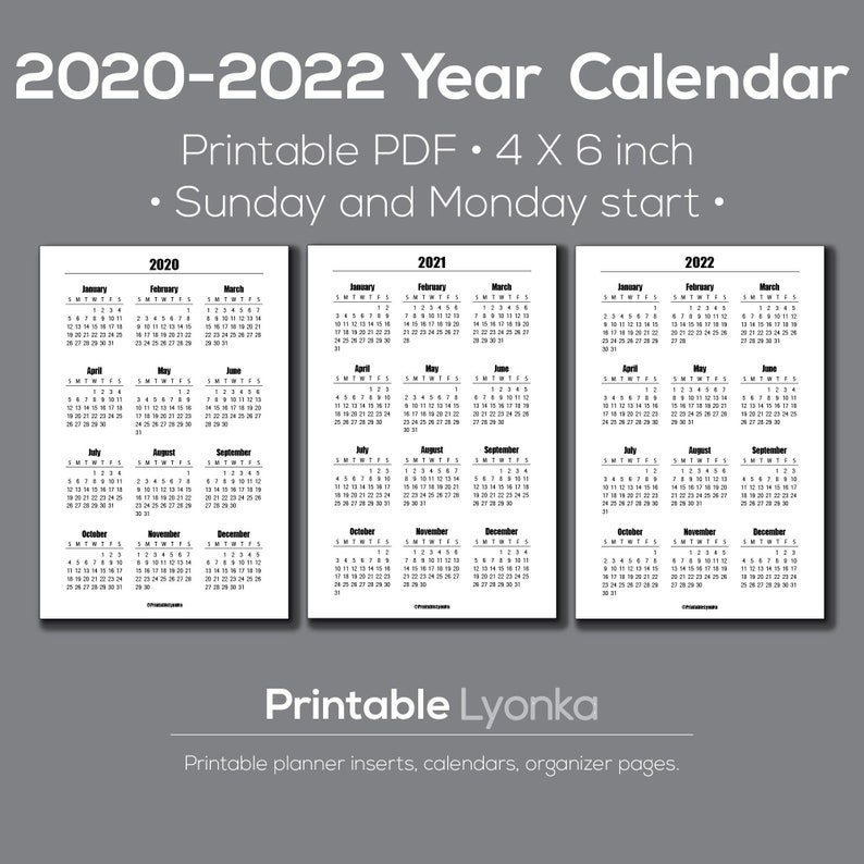 2020 2021 2022 Yearly Calendar Printable/ Pdf/ 4 X 6
