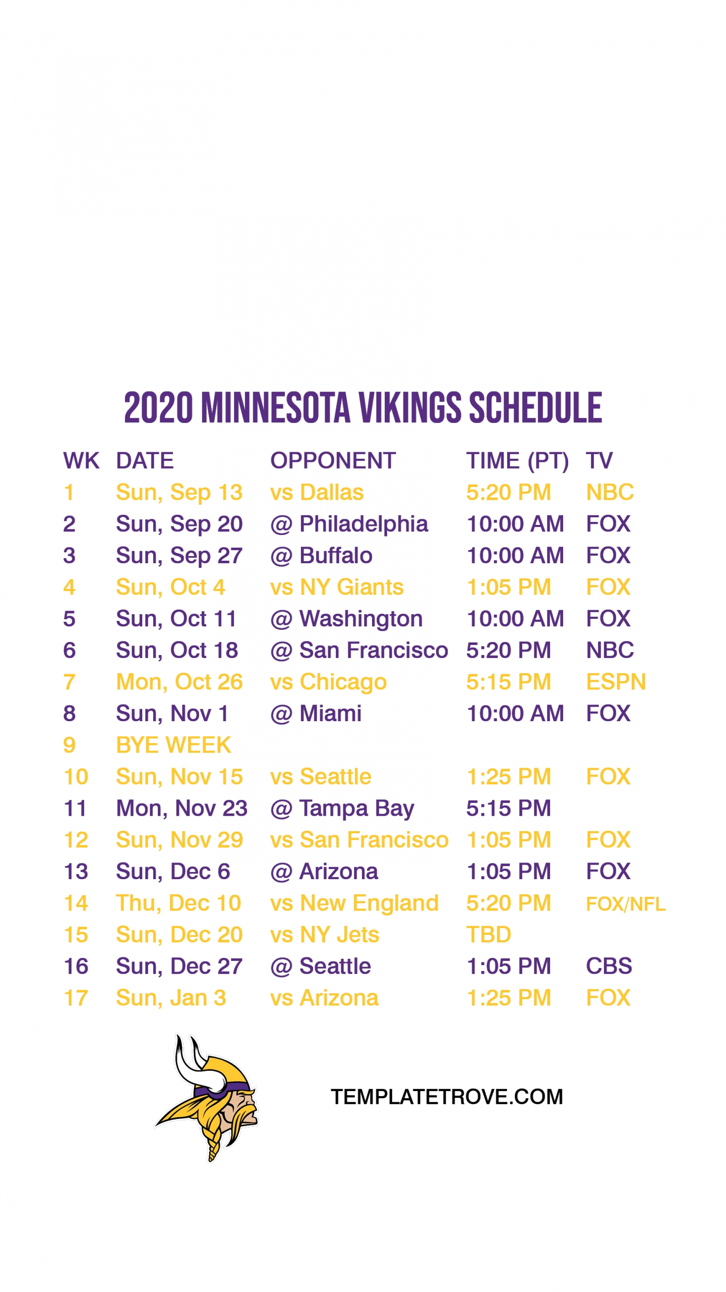 2020-2021 Minnesota Vikings Lock Screen Schedule For