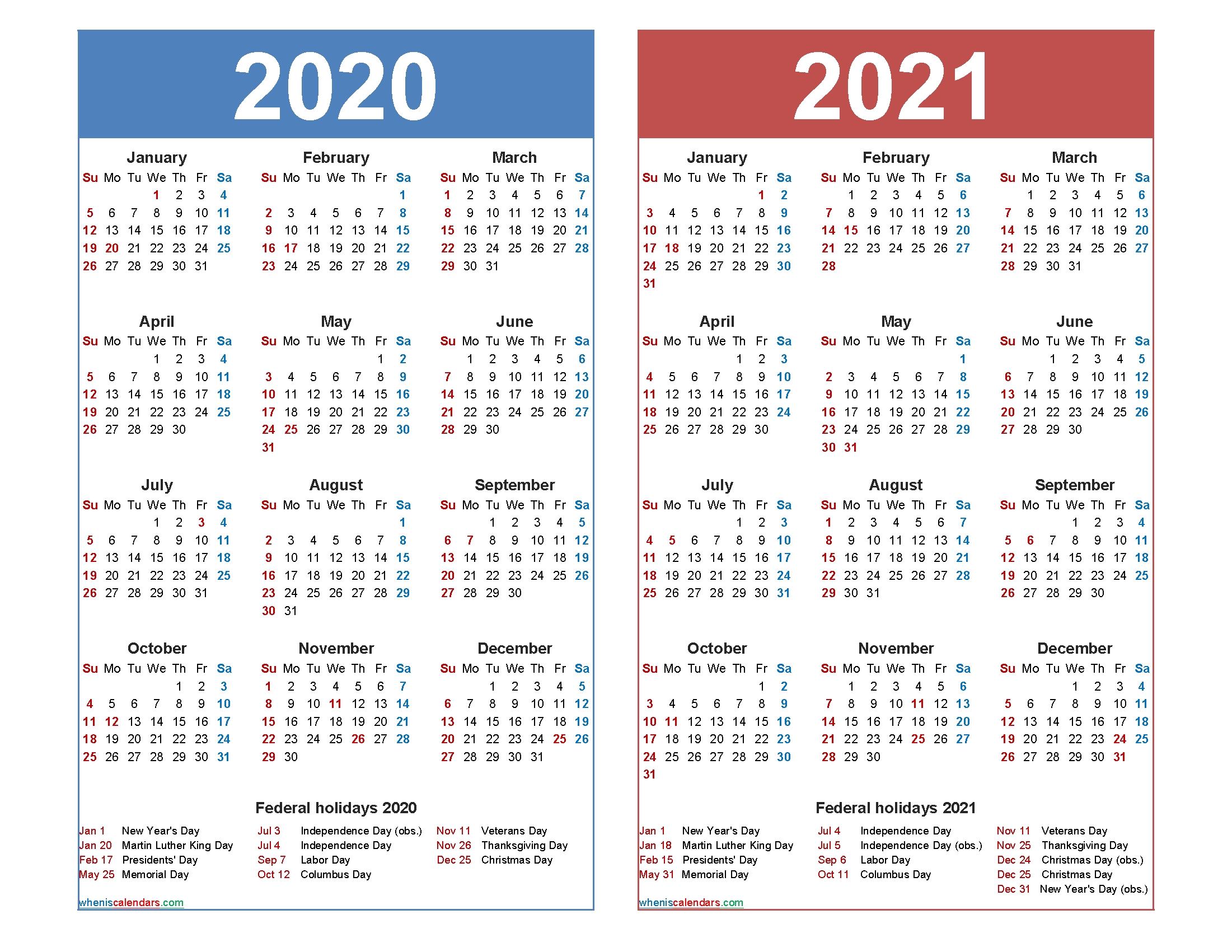 2020 And 2021 Calendar Printable With Holidays - Free