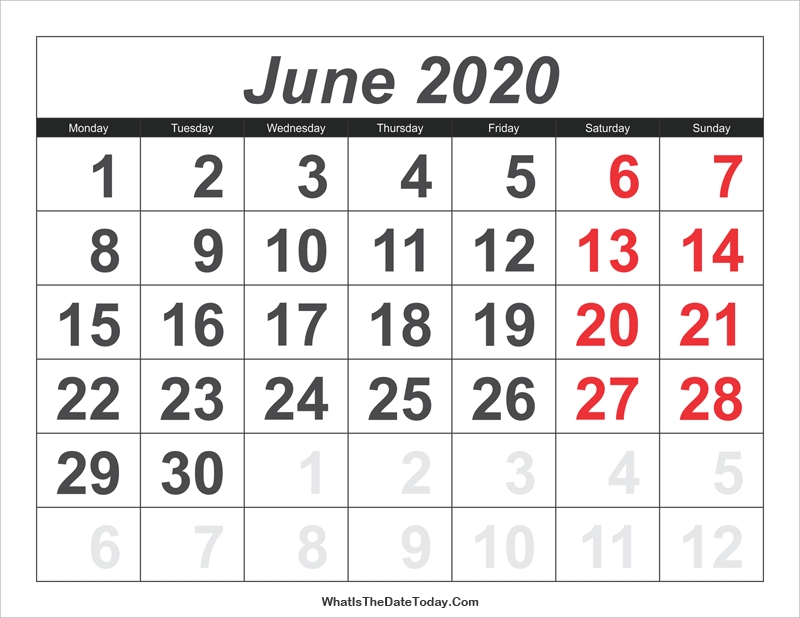 2020 Calendar June With Large Numbers | Whatisthedatetoday