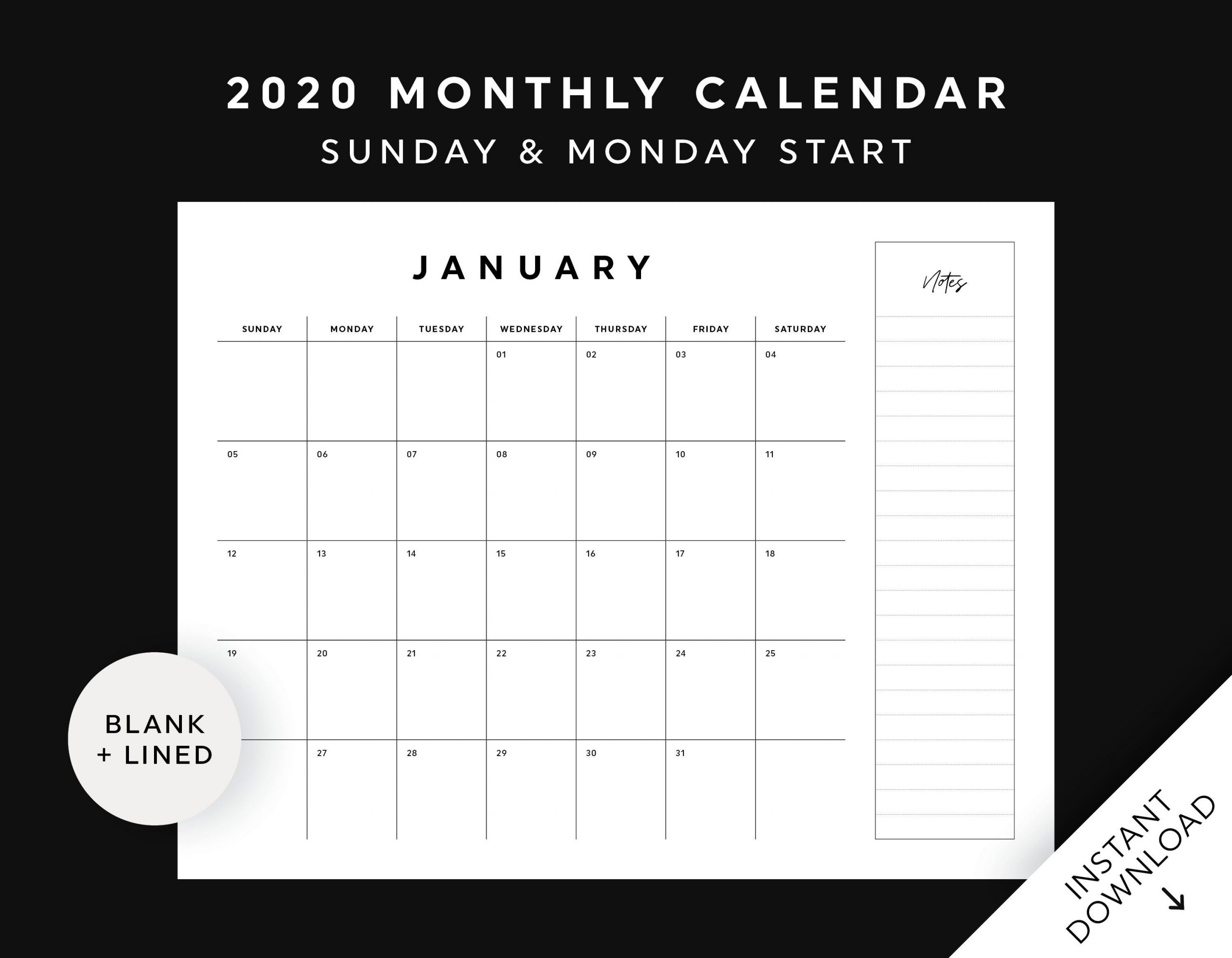 2020 Monthly Calendar Printable, Wall Calendar, Desk