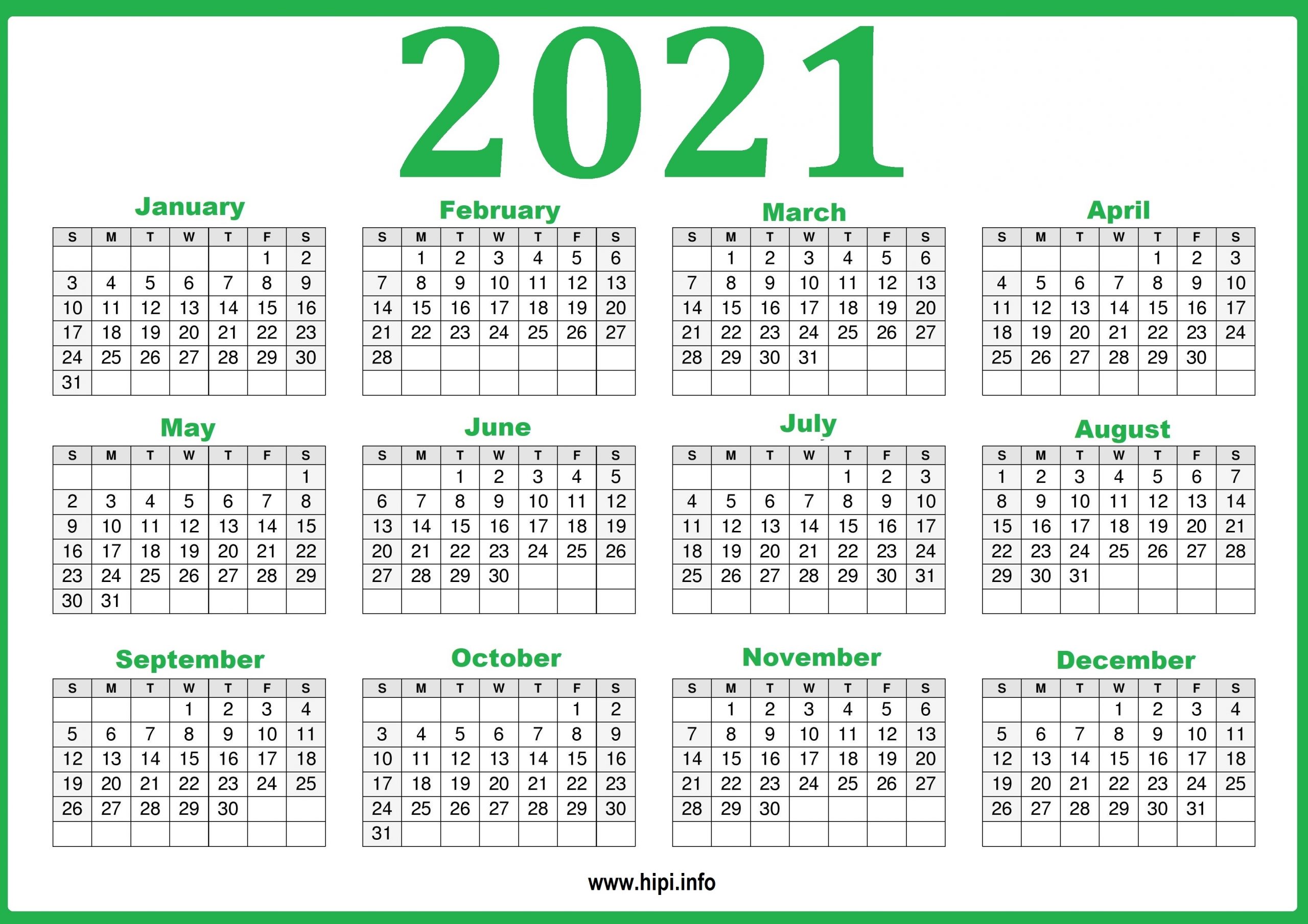 2021 12 Month Printable Calendar Free : Free Printable