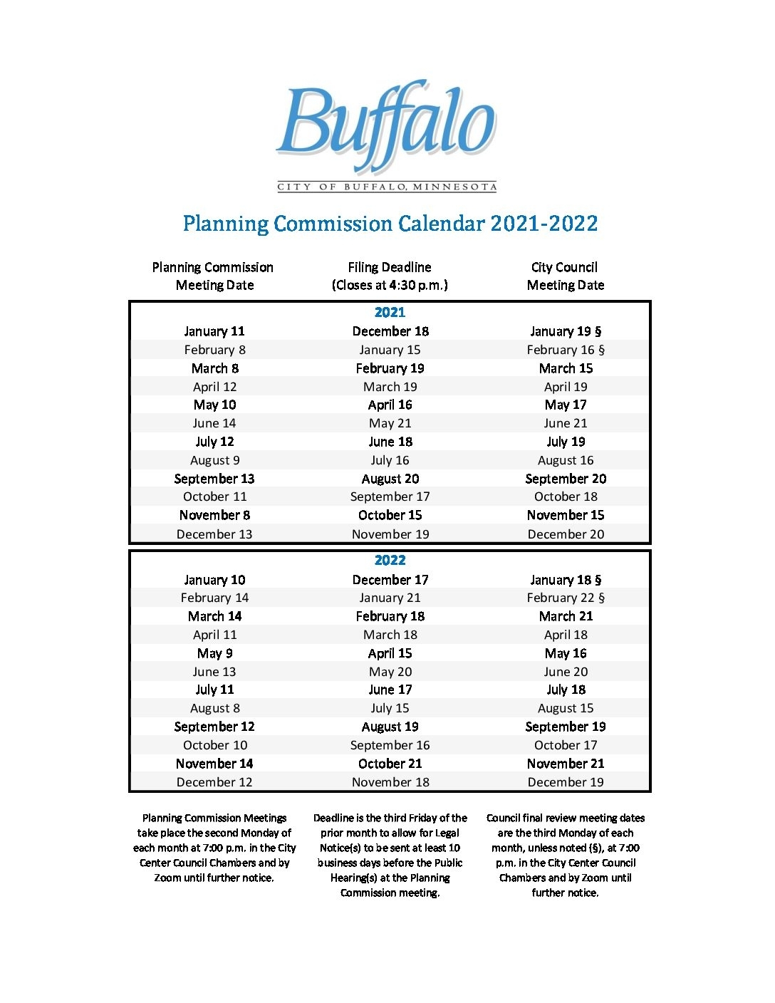 2021-2022 Planning Commission Calendar - City Of Buffalo Mn