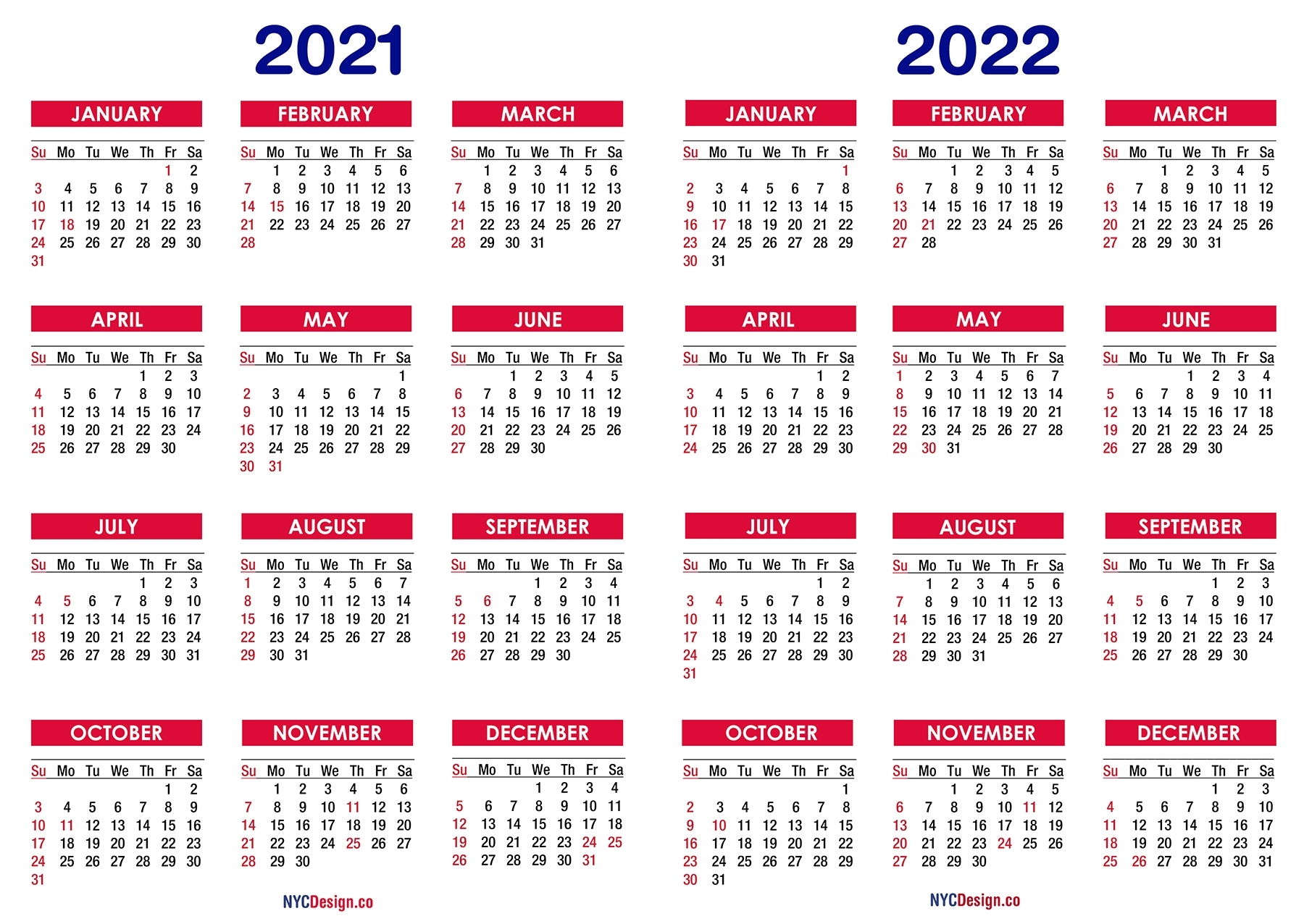 2021 - 2022 Two Year Calendar With Holidays, Printable