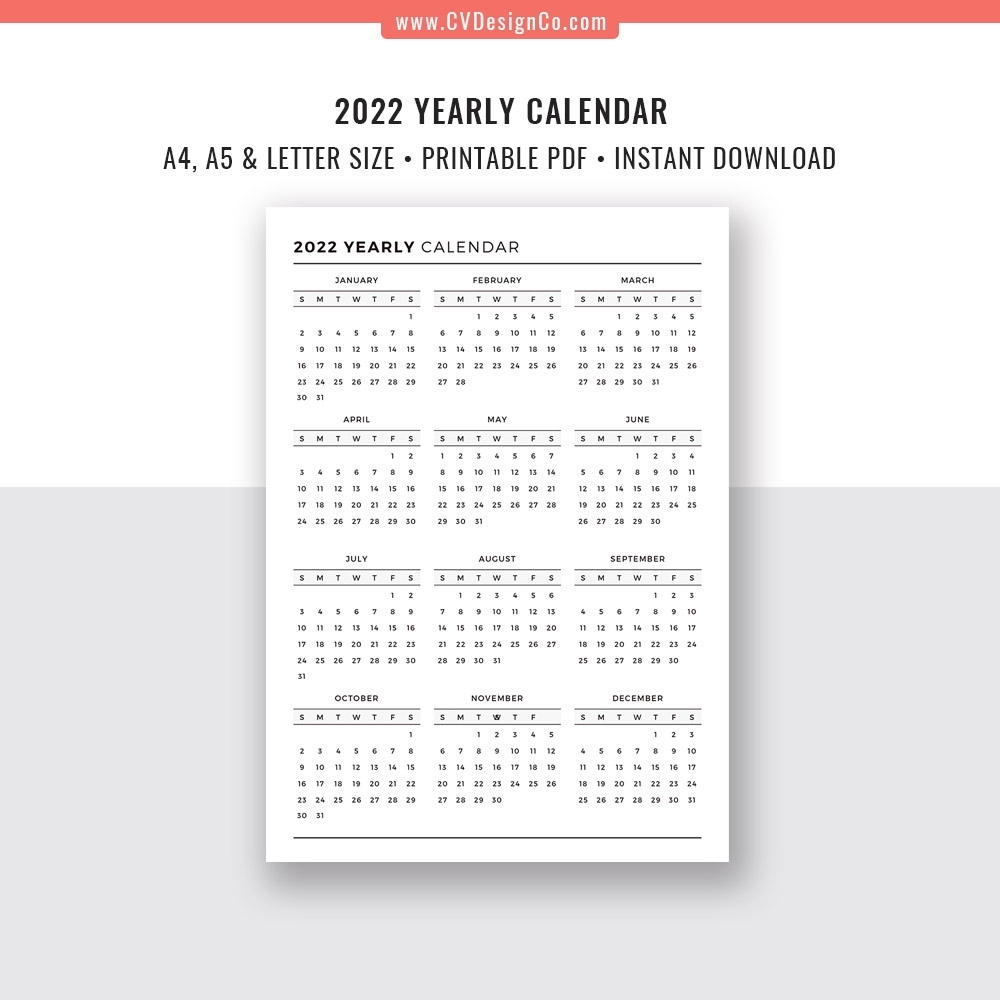 2021-2022 Yearly Calendar, Year At A Glance, Digital
