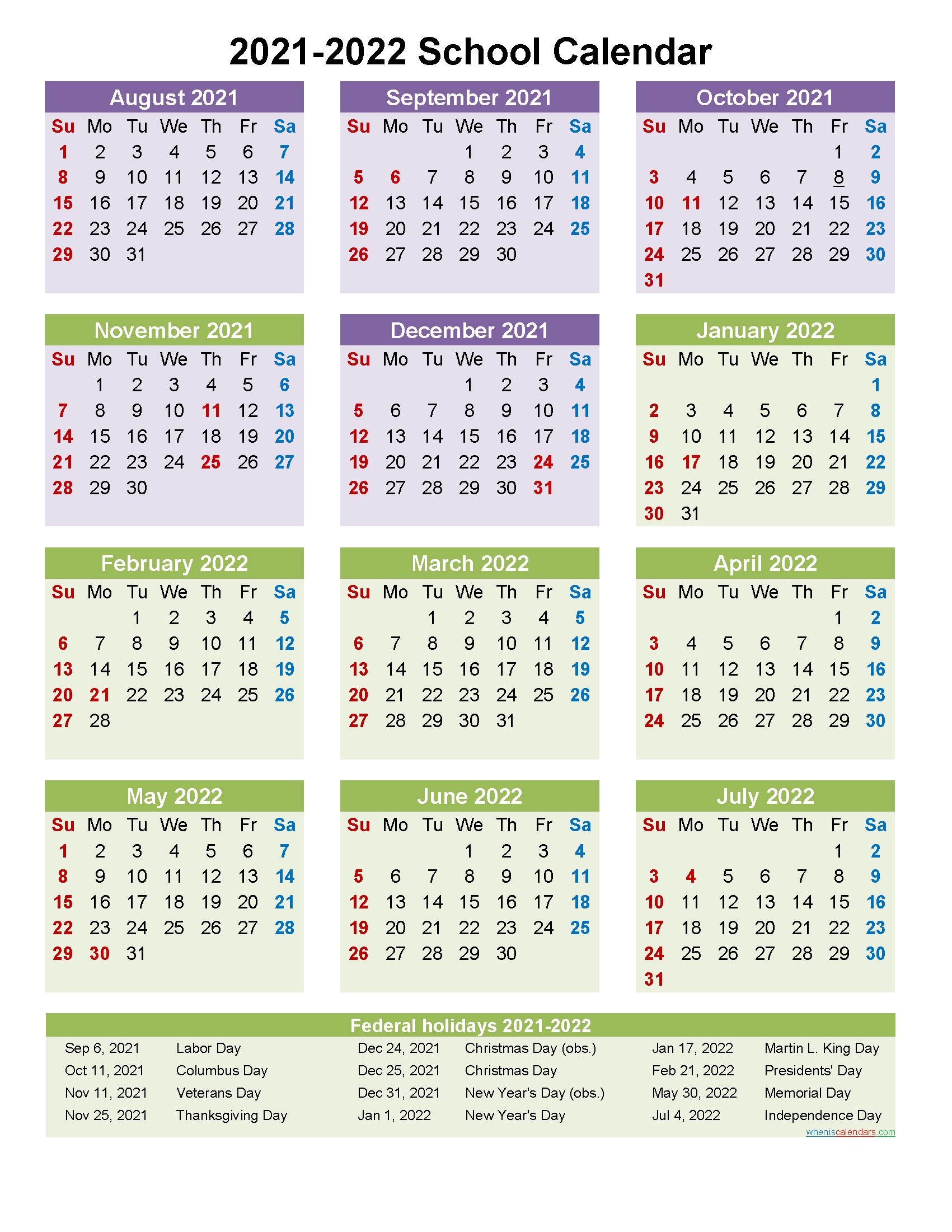 2021 And 2022 School Calendar Printable (Portrait