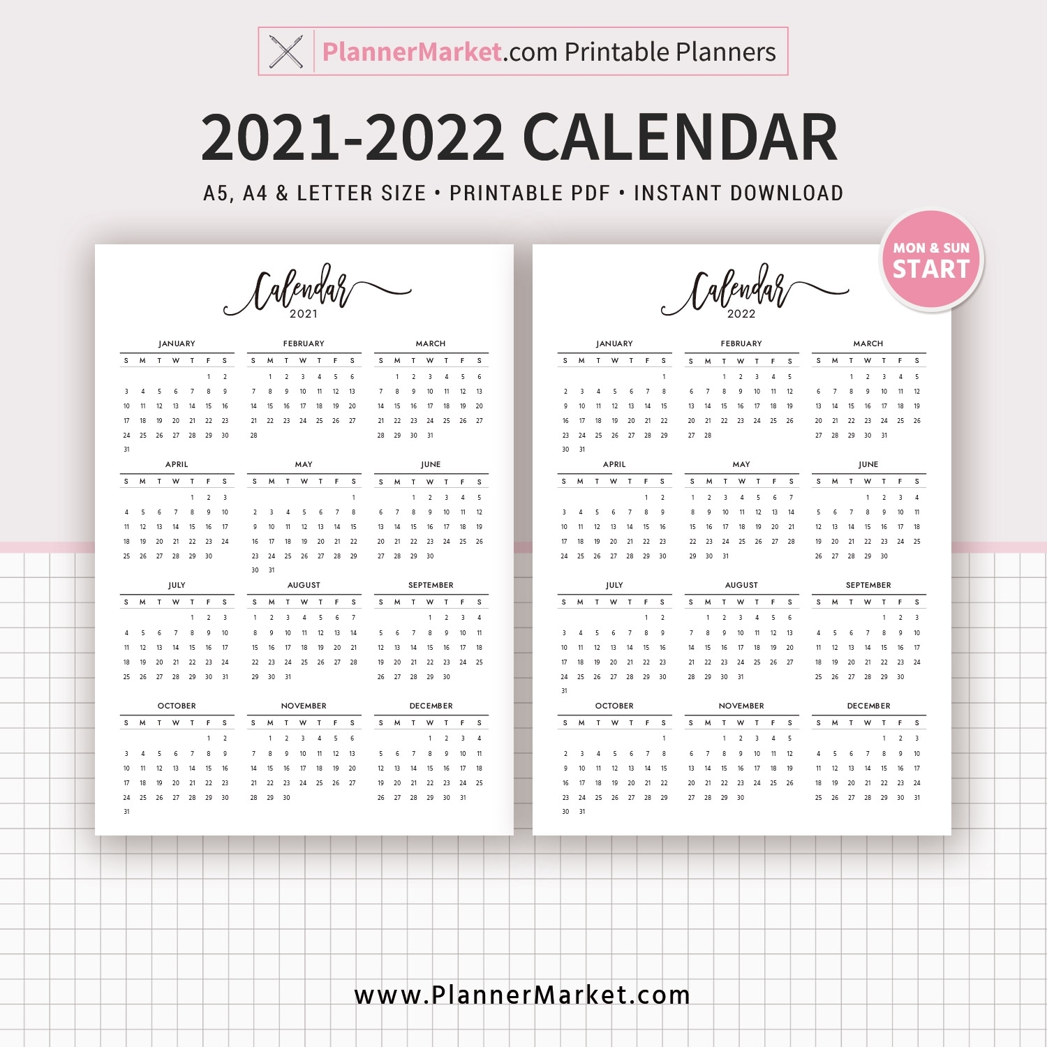 2021 Calendar, 2022 Calendar, Year At A Glance, Filofax A5