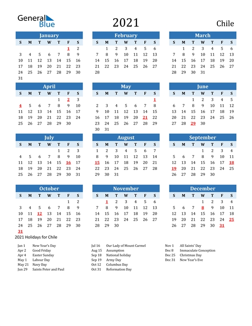 2021 Calendar - Chile With Holidays