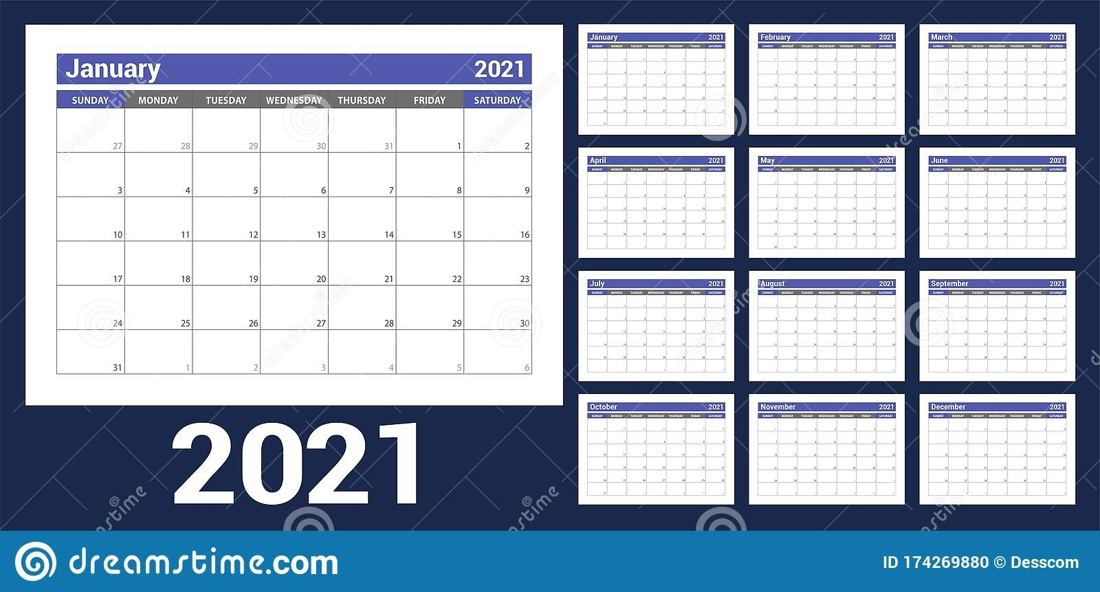 2021 Calendar. English Planner. Сolor Vector Template