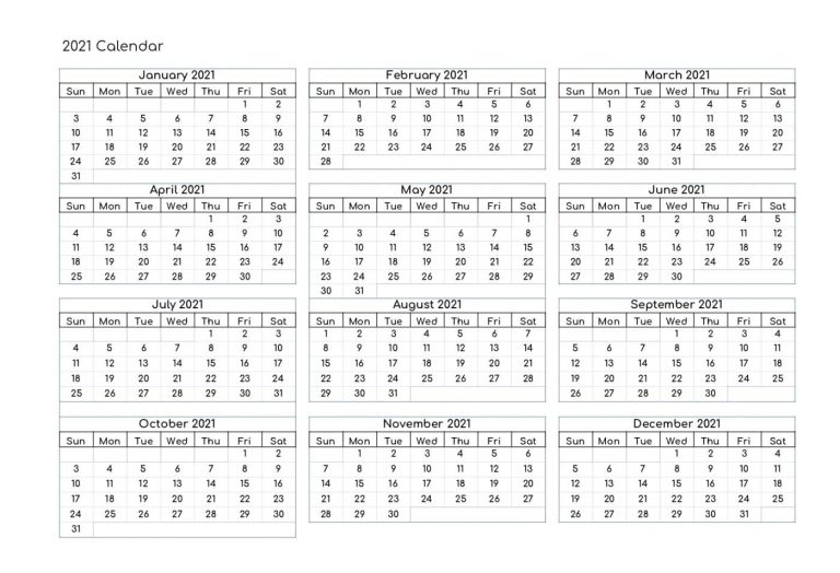 2021 Calendar Excel | Google Sheet Blank Template