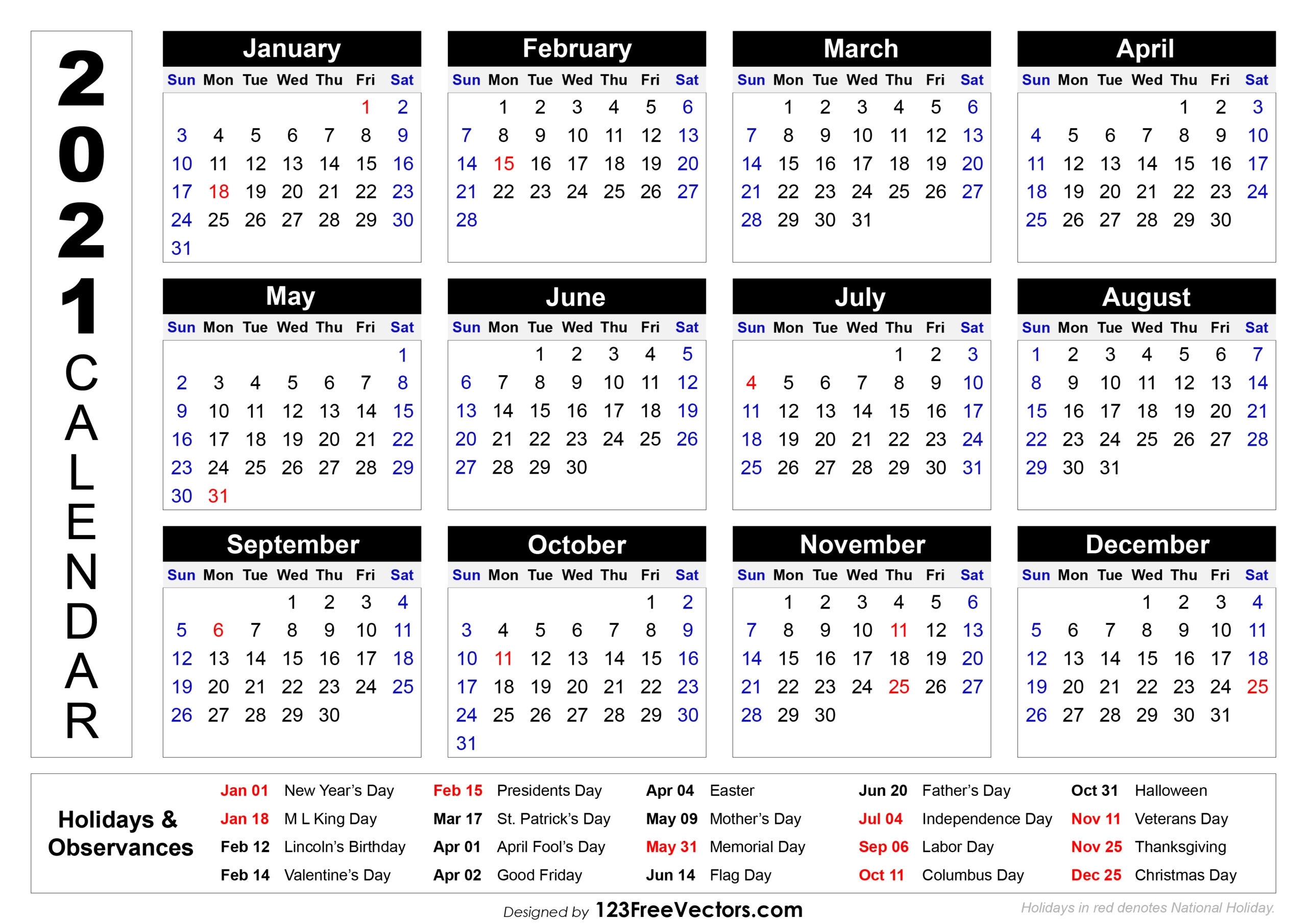 2021 Calendar Holidays Excel Download : 2021 Calendar