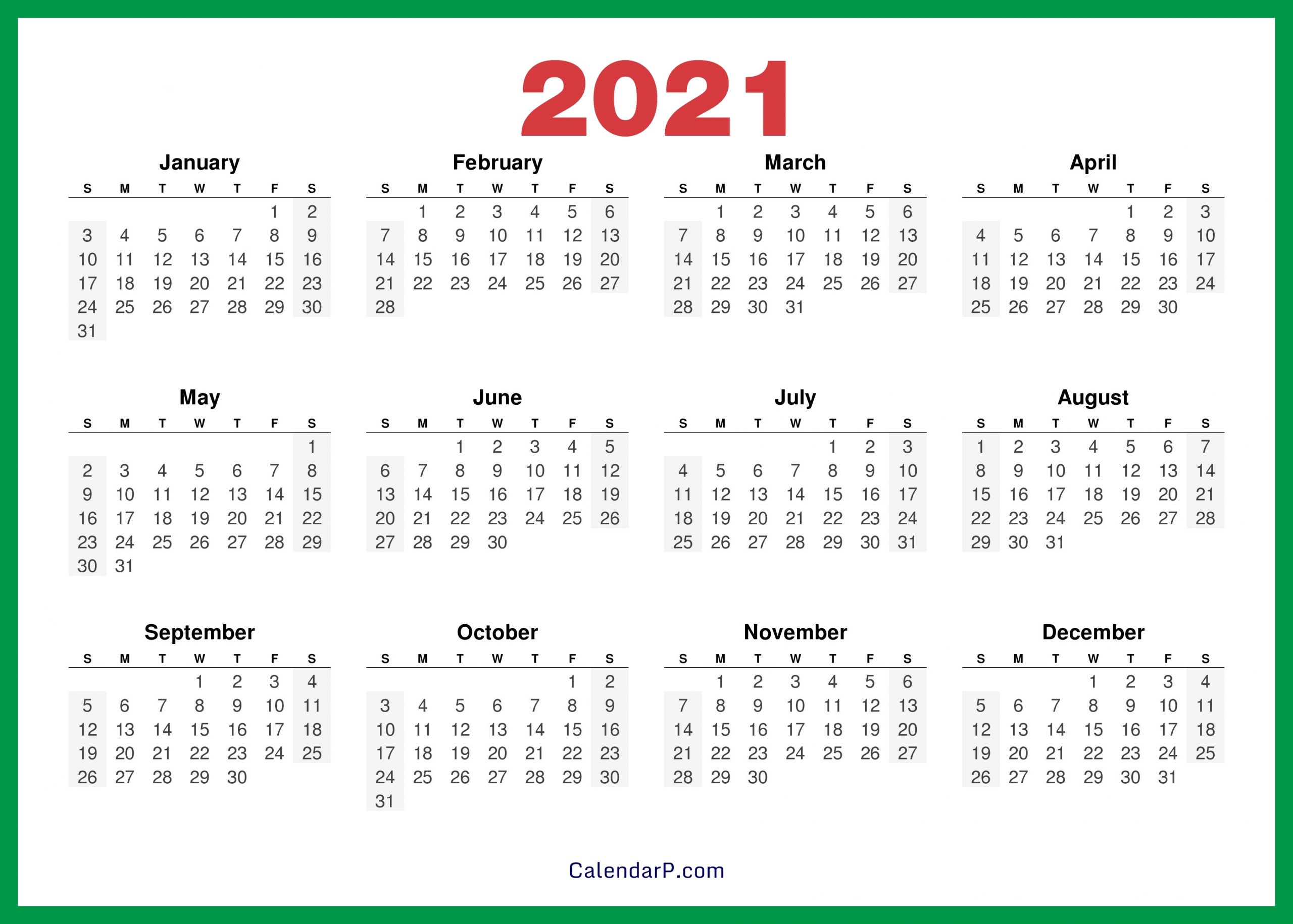 2021 Calendar Printable Free, Hd - Green - Calendarp