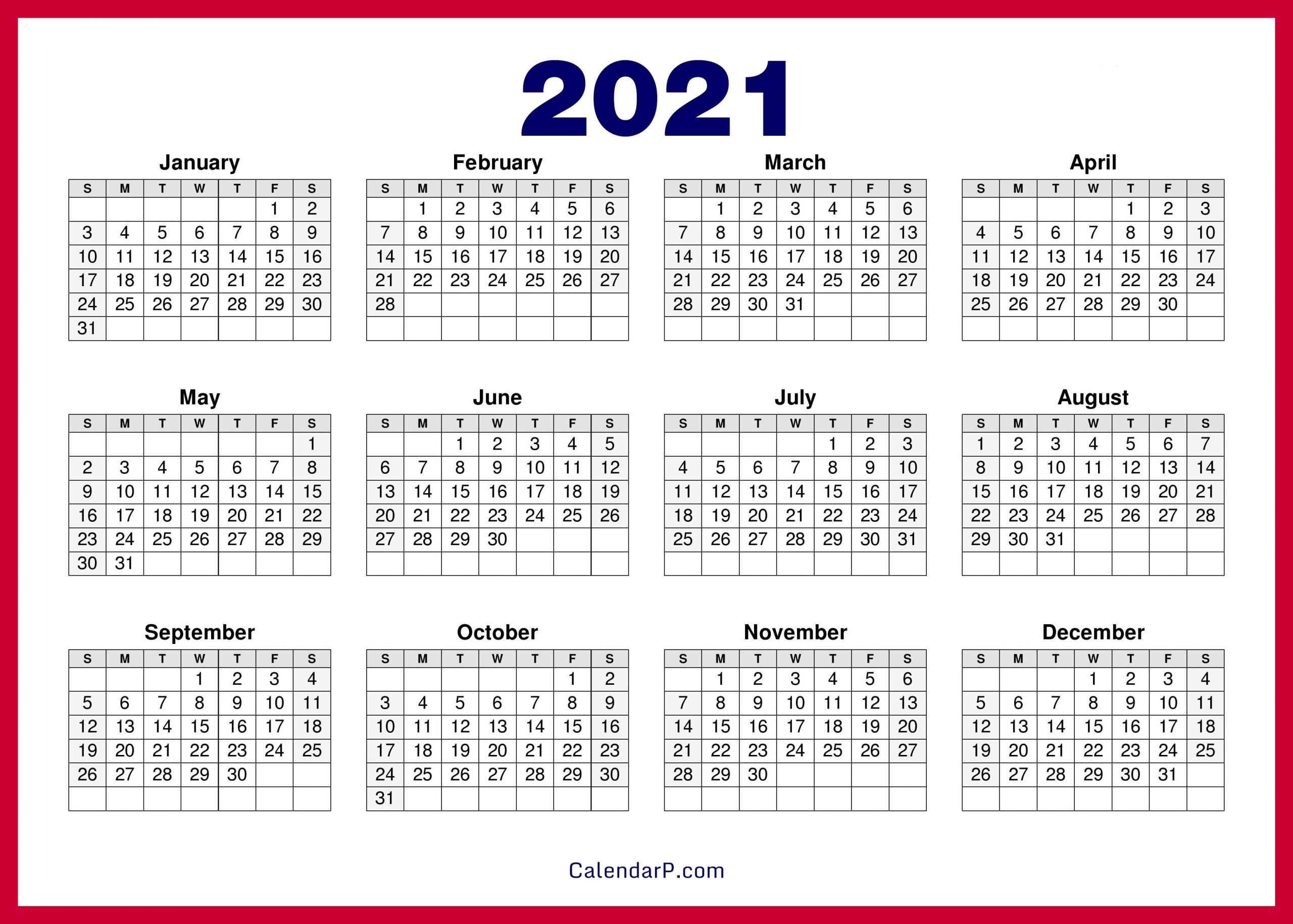 2021 Calendar Printable Free, Hd - Red - Calendarp