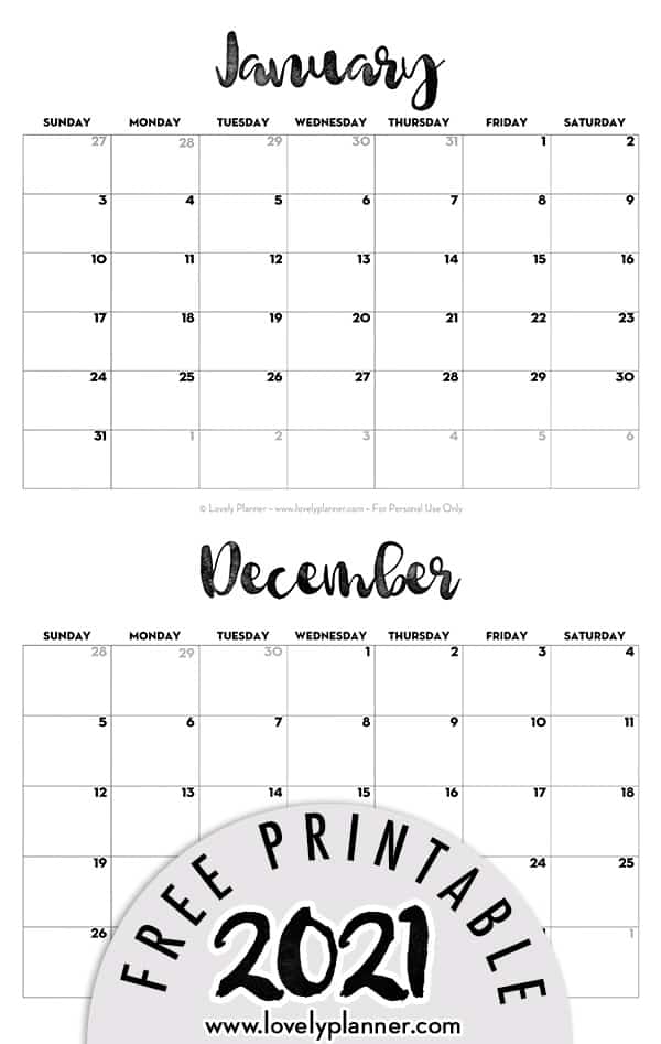 2021 Calendar Printable Free Template - Lovely Planner