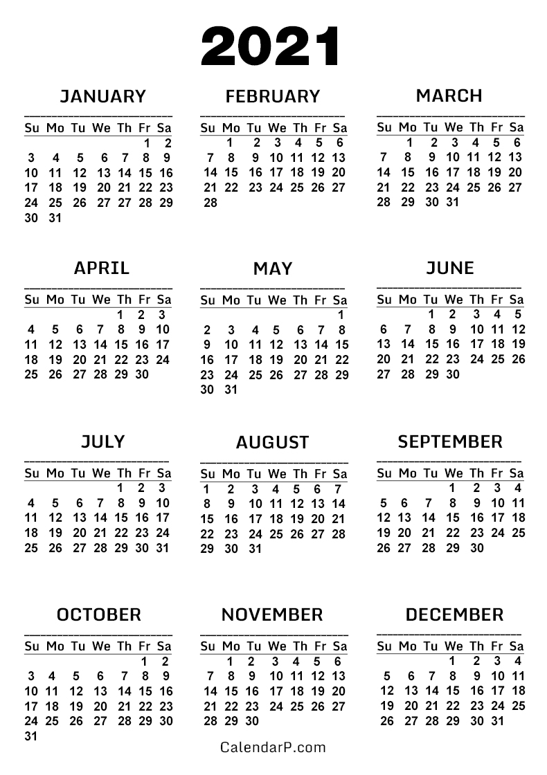 2021 Calendar, Printable Free, White - Sunday Start