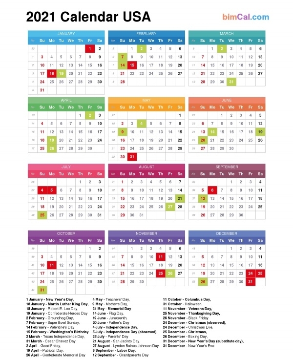 2021 Calendar Usa - Bimcal