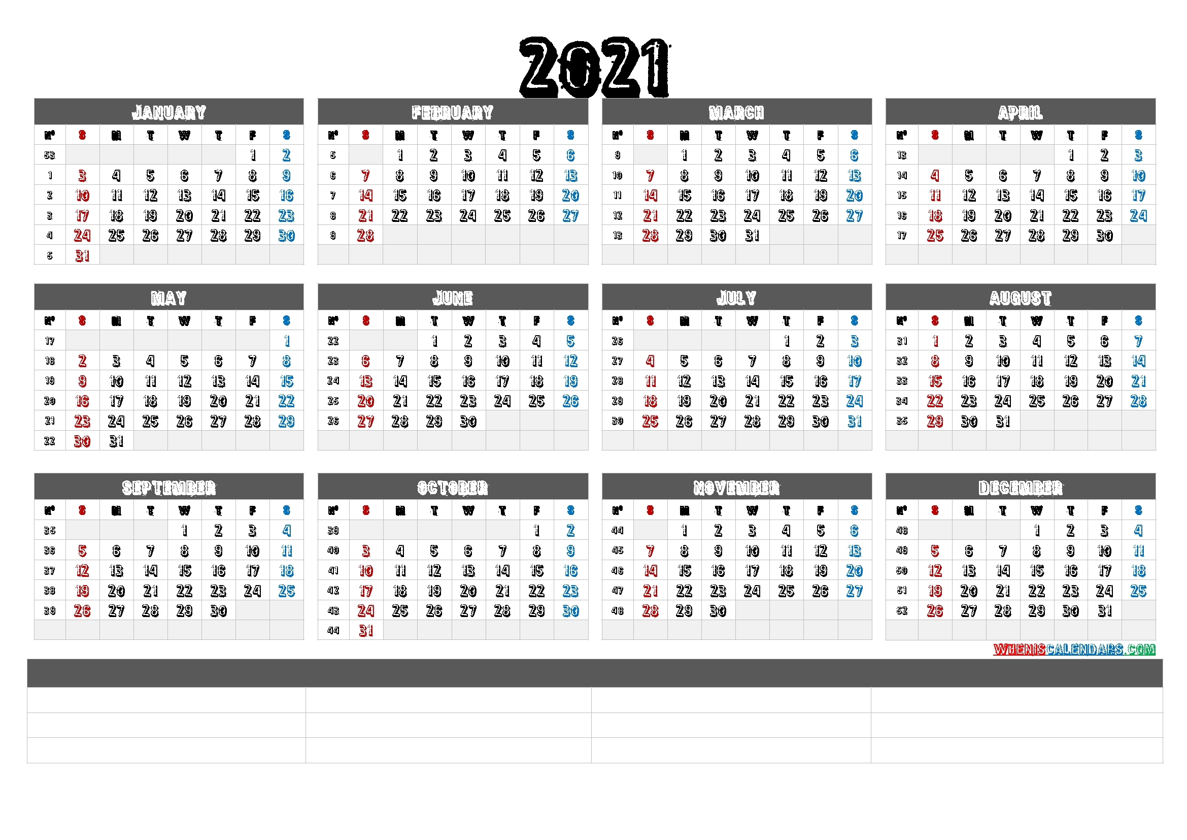 2021 Calendar With Week Number Printable Free / 2021