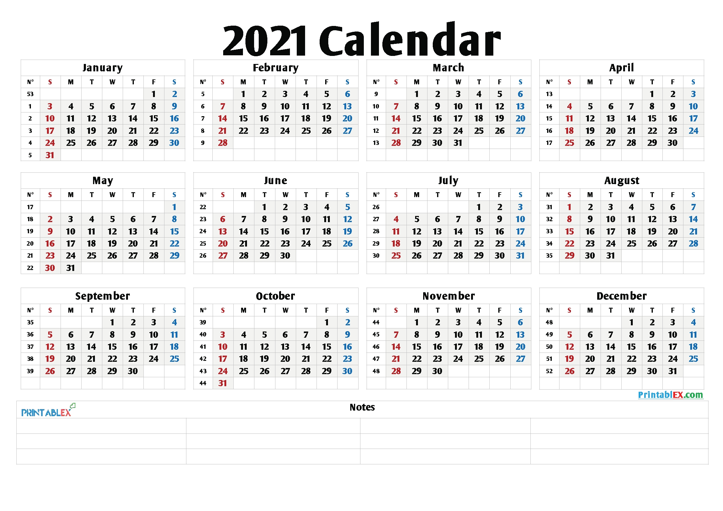 2021 Calendar With Week Number Printable Free / 2021