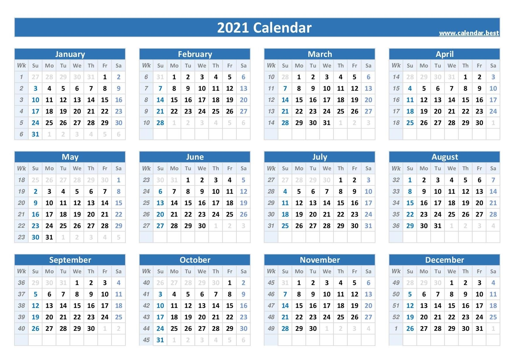 2021 Calendar With Week Number Printable Free : Free
