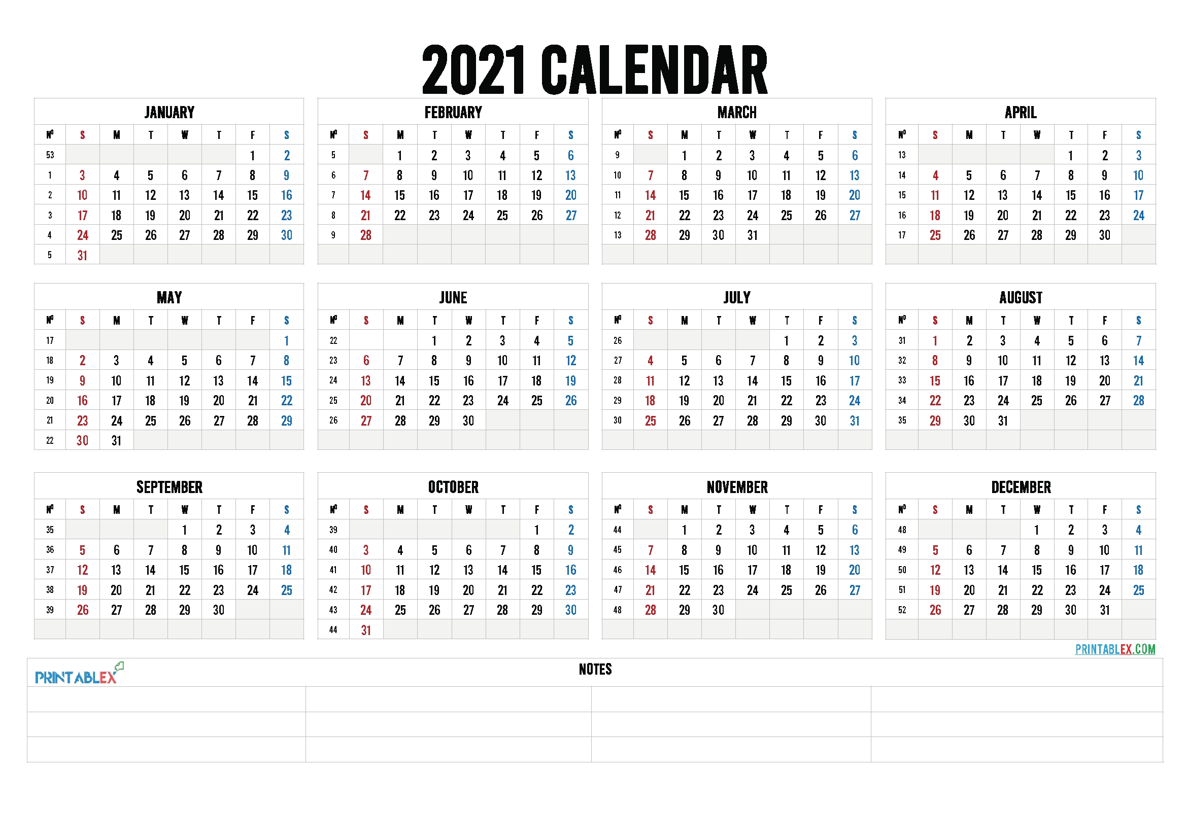 2021 Calendar With Week Number Printable Free / Free