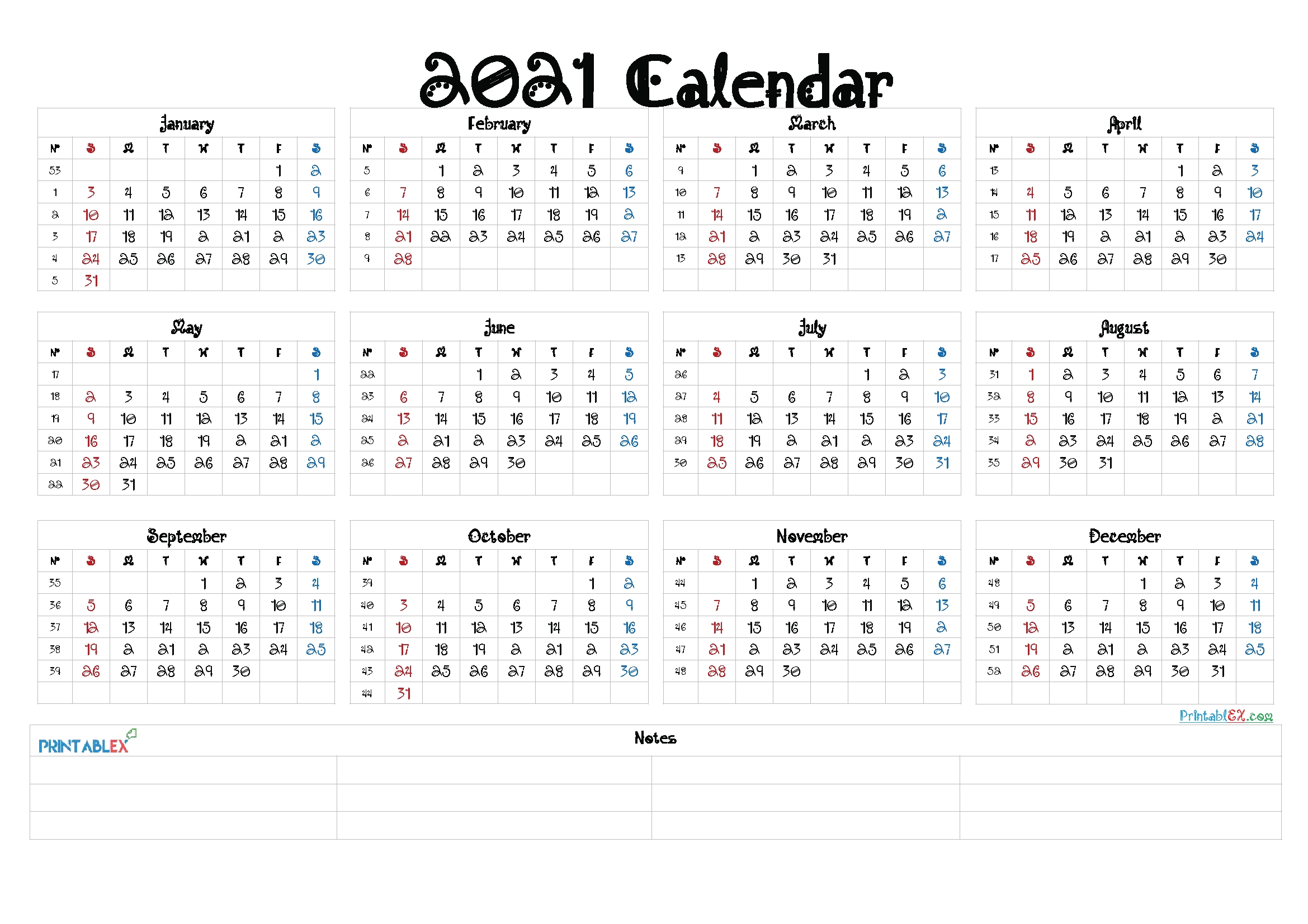 2021 Calendar With Week Number Printable Free / Pin On