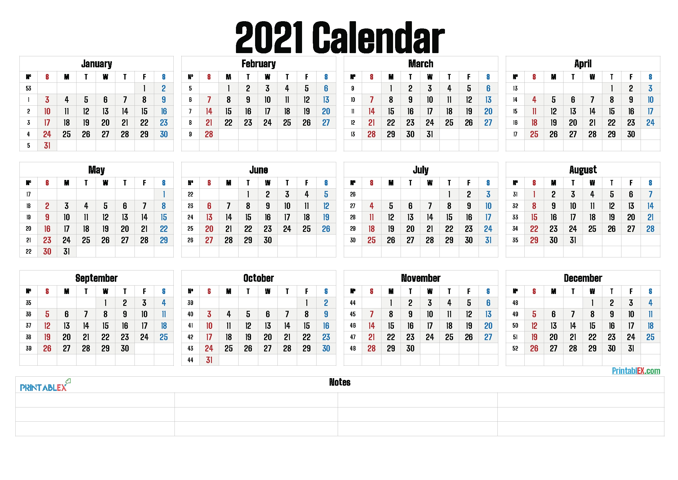 2021 Calendar With Week Number Printable Free : Week