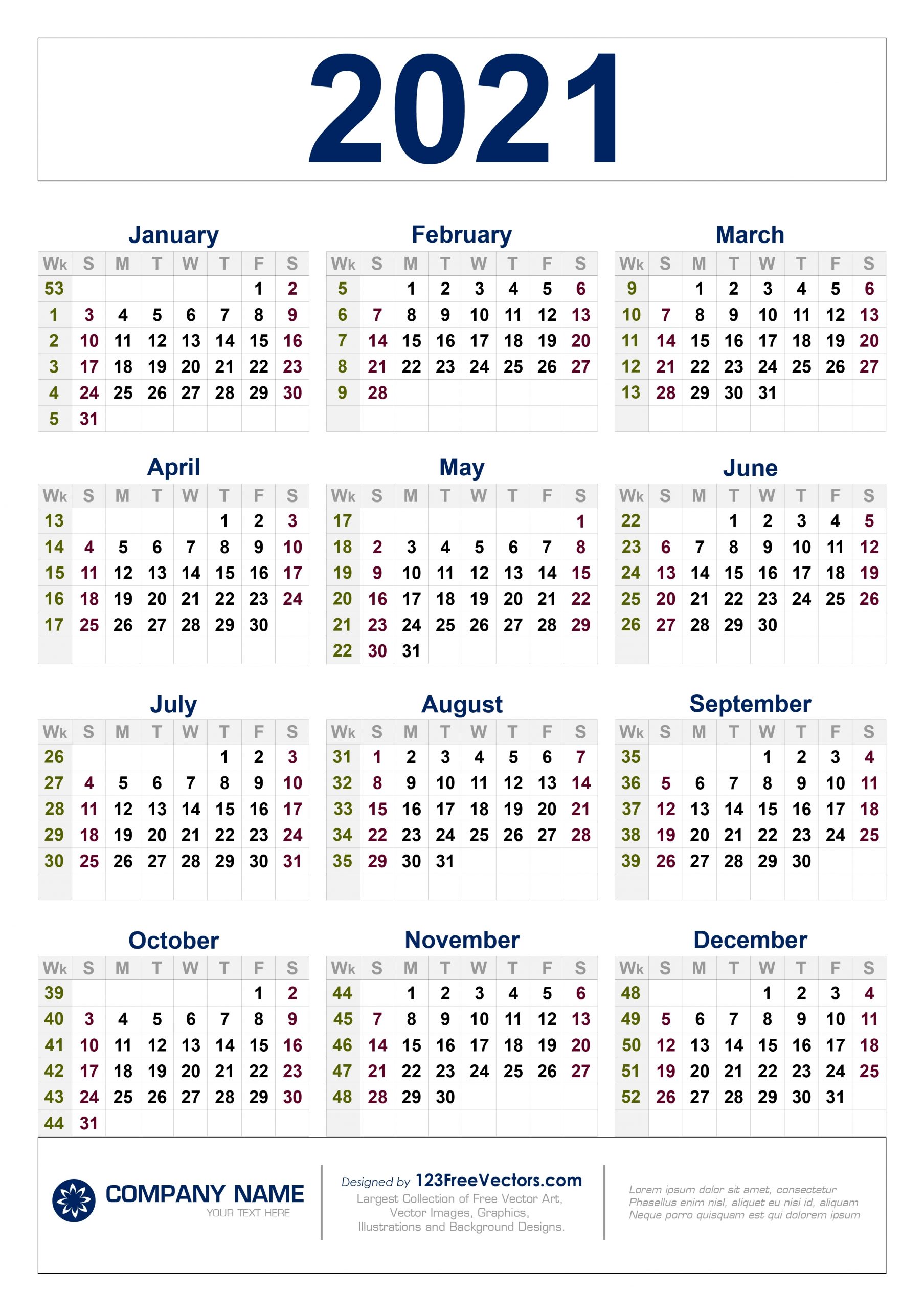 2021 Calendar With Week Number Printable Free / Week