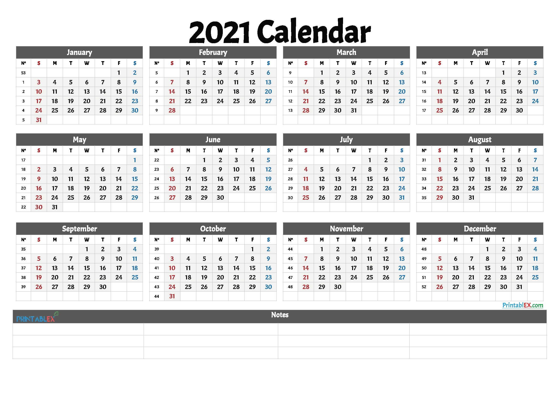 2021 Calendar With Week Numbers Printable