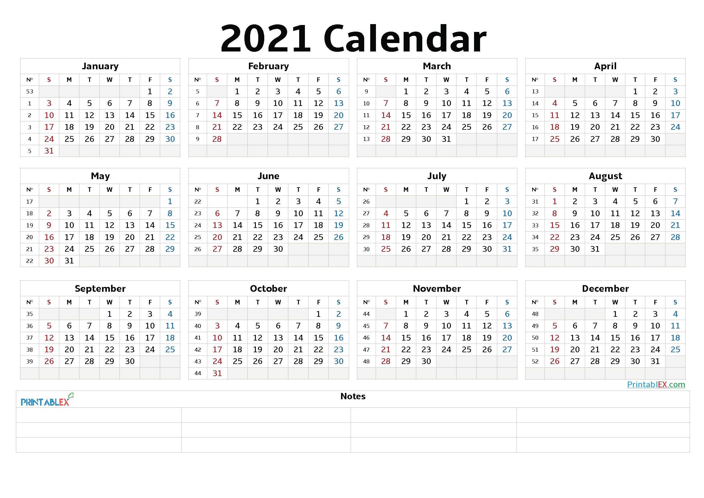 2021 Calendar With Week Numbers Printable Pdf | Free