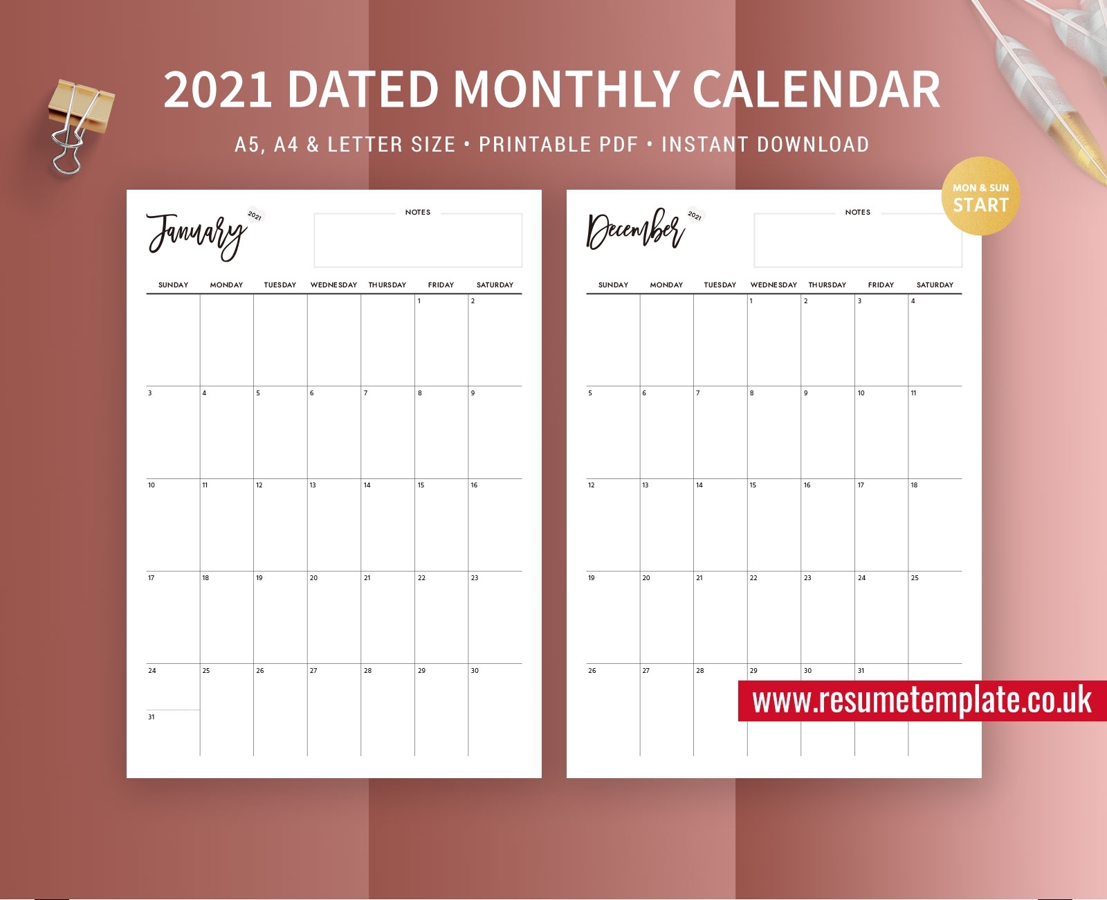 2021 Dated Monthly Calendar, Monthly Planner, Monday And