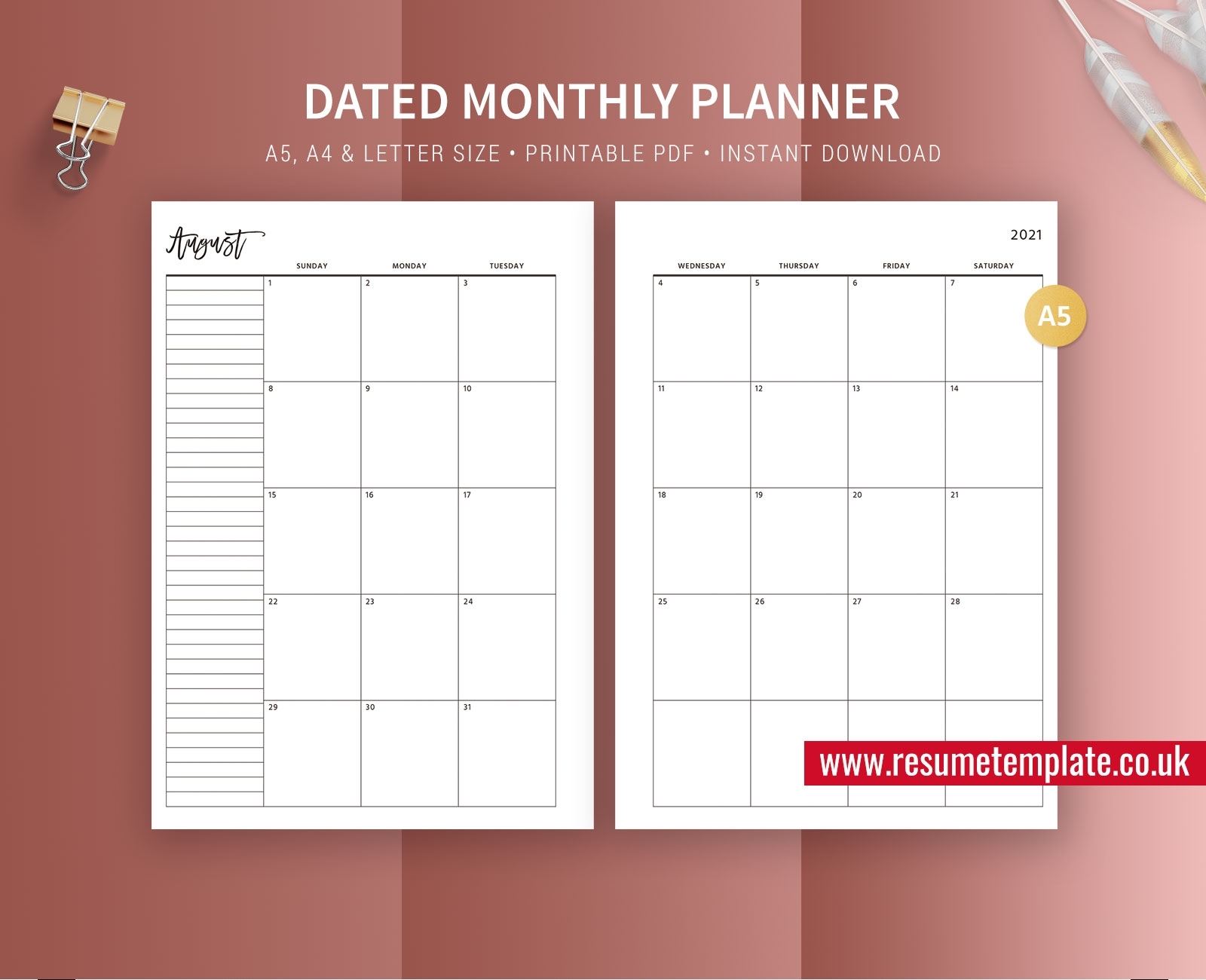 2021 Dated Monthly Planner, Monday And Sunday Start, Month