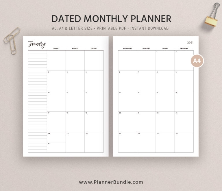 2021 Dated Monthly Planner, Monthly Calendar 2021