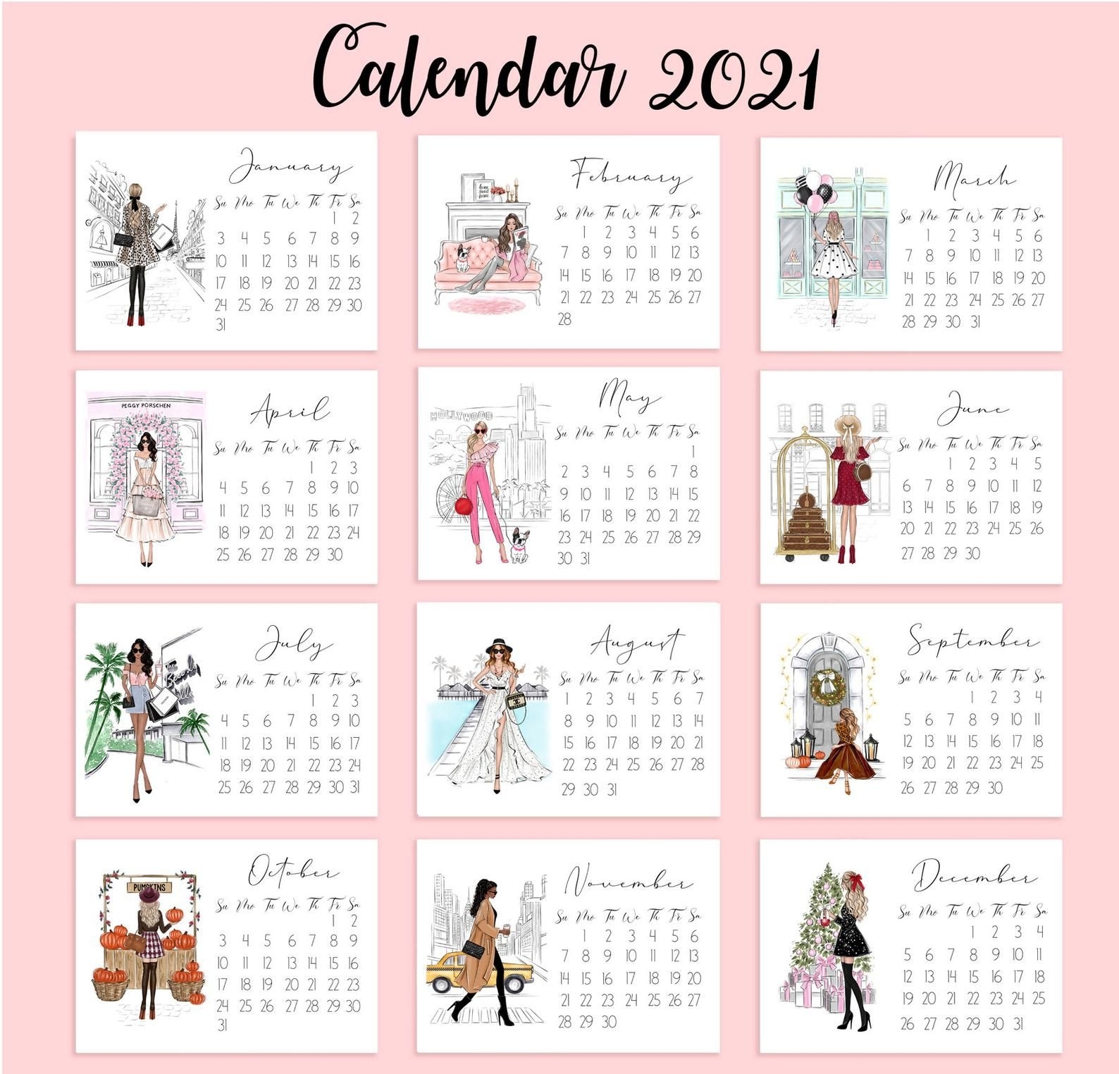 2021 Desk Calendar Fashion Illustration Mini Calendar