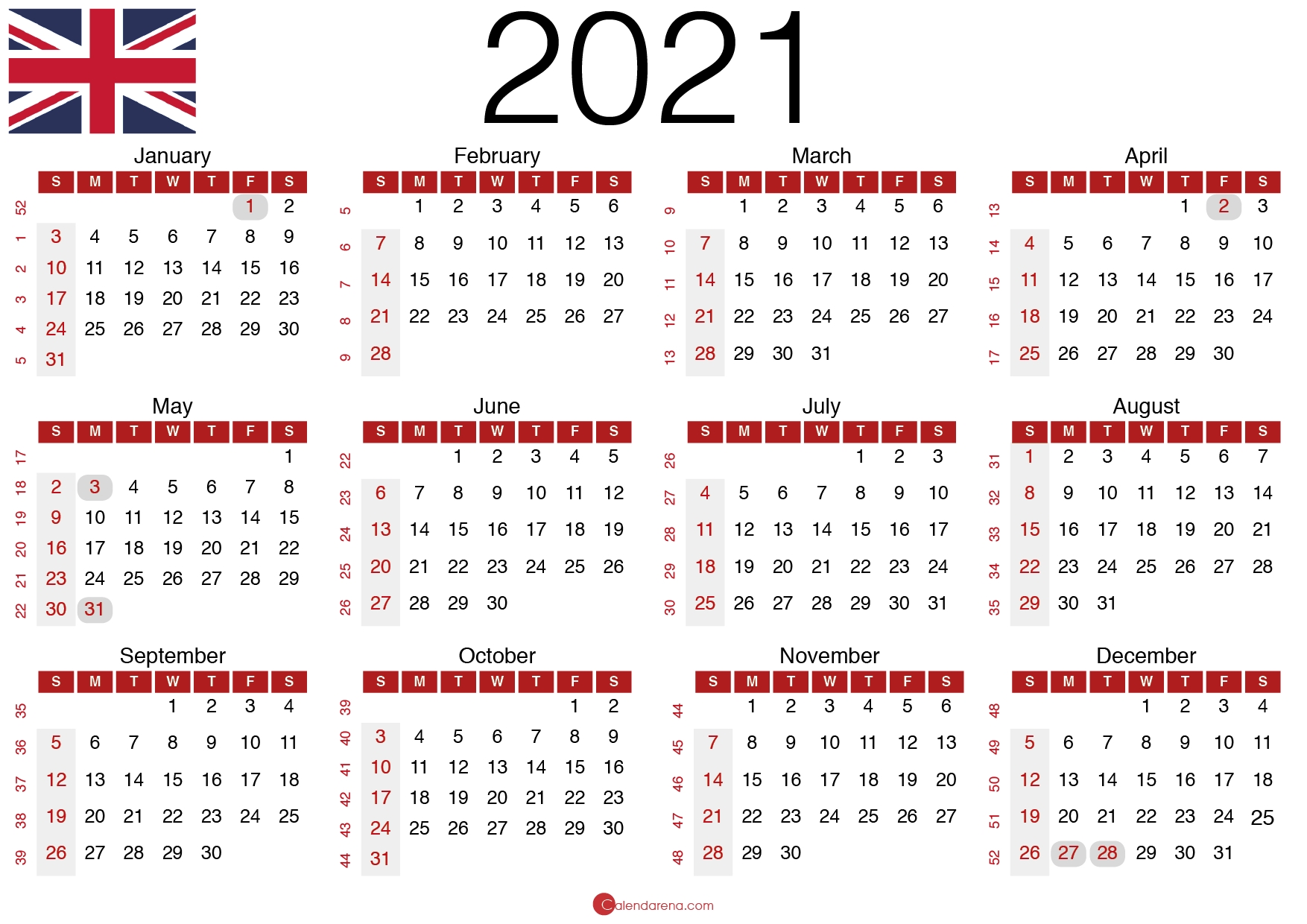 2021 Excel Calendar With Week Numbers / 2021 Yearly
