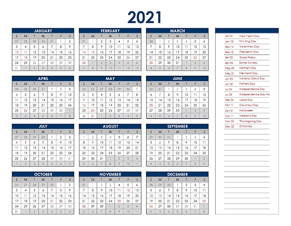 2021 Excel Yearly Calendar - Free Printable Templates