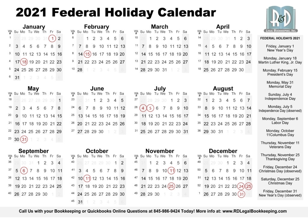 2021 Federal Holiday Calendar Printable