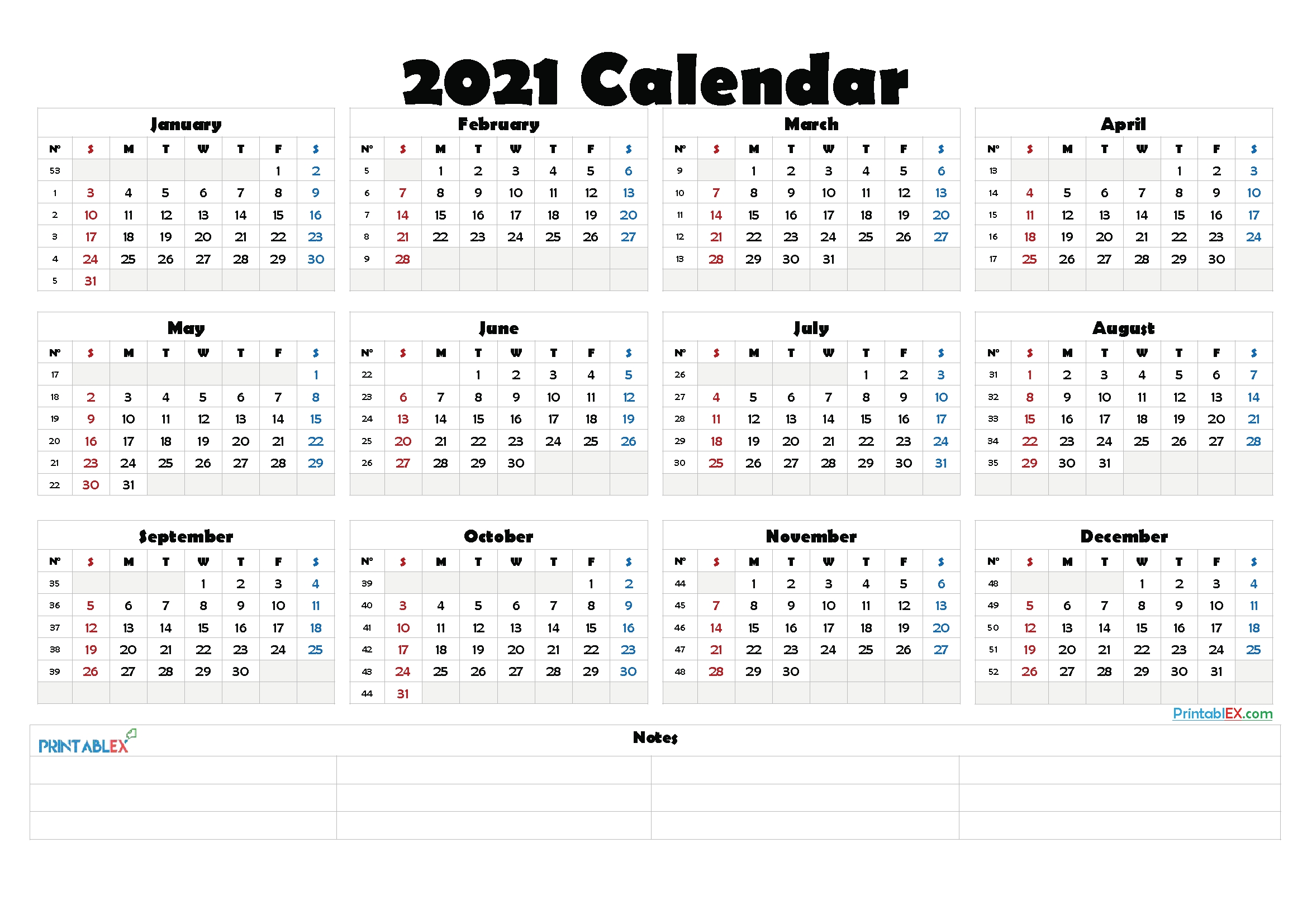 2021 Free Printable Yearly Calendar - 21Ytw155 | Printable