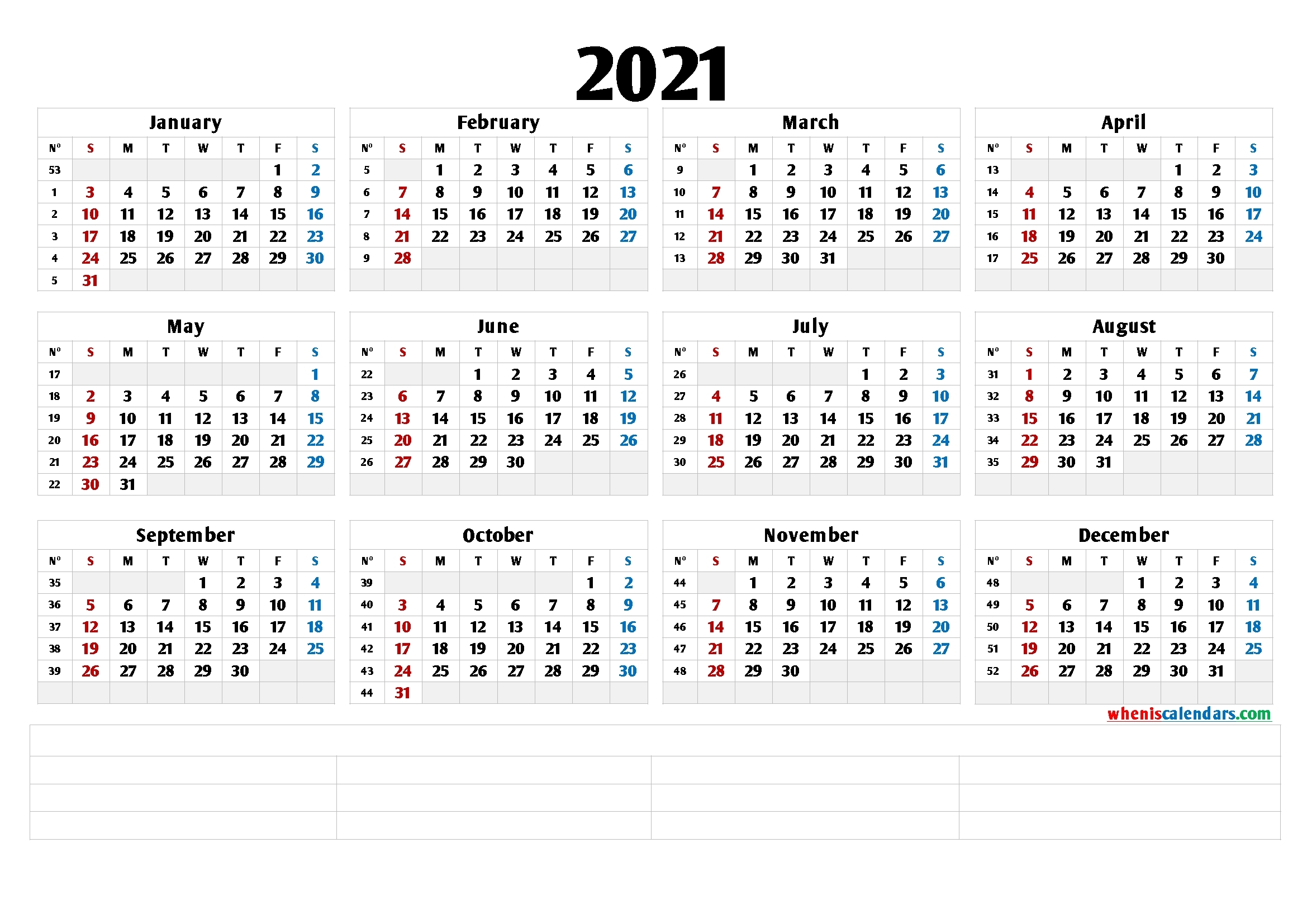 2021 Free Printable Yearly Calendar (6 Templates) - 2021