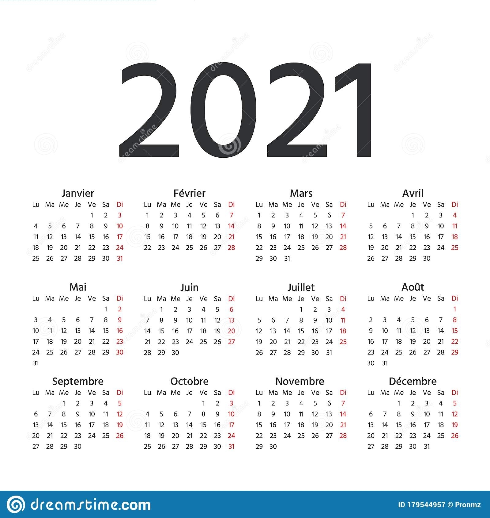 2021 French Calendar. Vector Illustration. Template Year