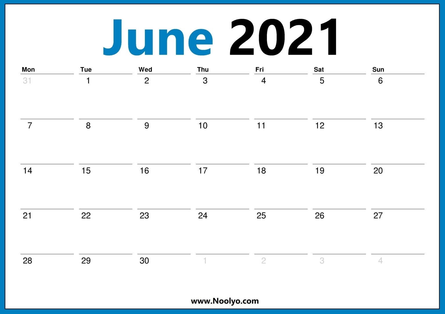 2021 June Calendar Monday Start Calendar Free Downloads