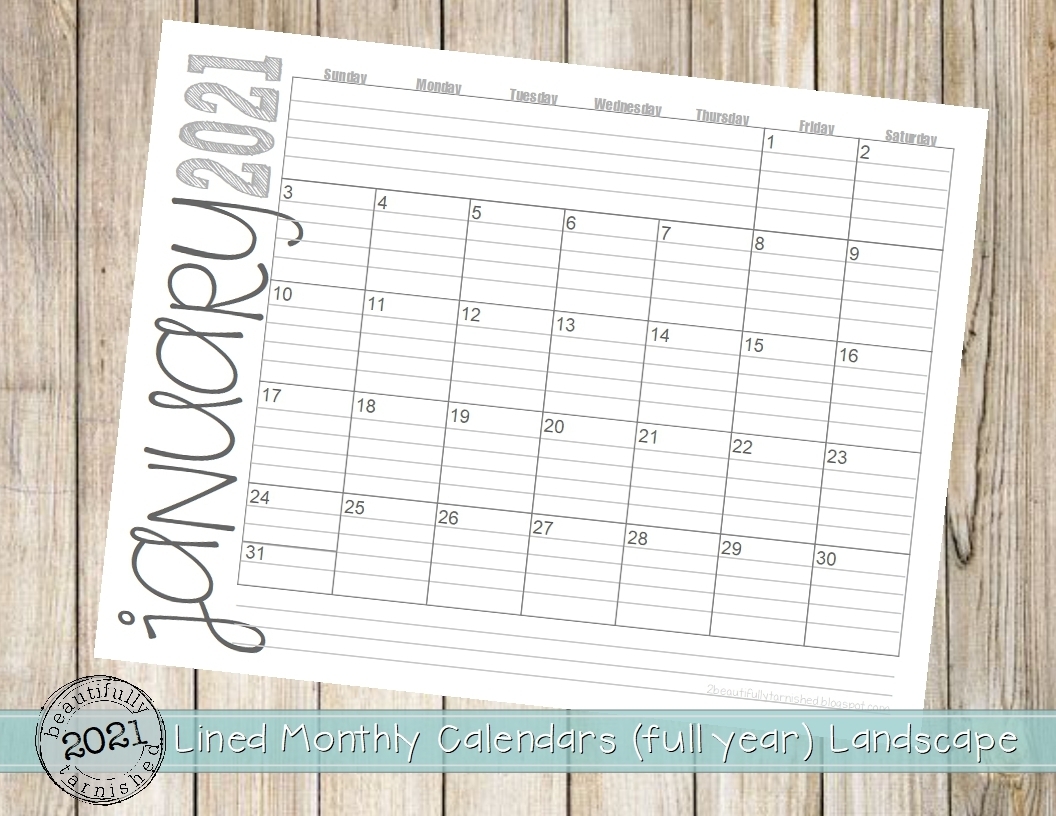 2021 Lined Monthly Calendars (Full Year) Landscape - The