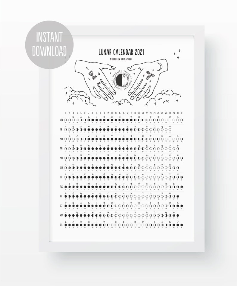 2021 Lunar Calendar Printable. Moon Phases Planner. Cycles