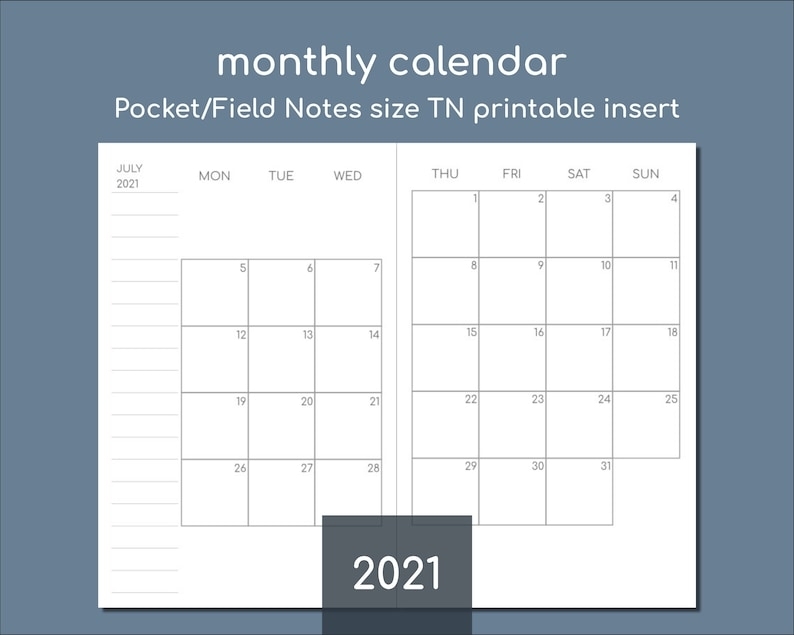 2021 Monthly Calendar Field Notes/Pocket Size Printable Tn