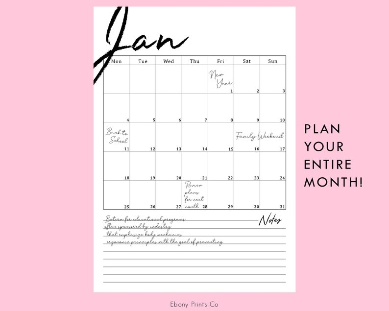 2021 Monthly Calendar Vertical 12 Months Planner Printable