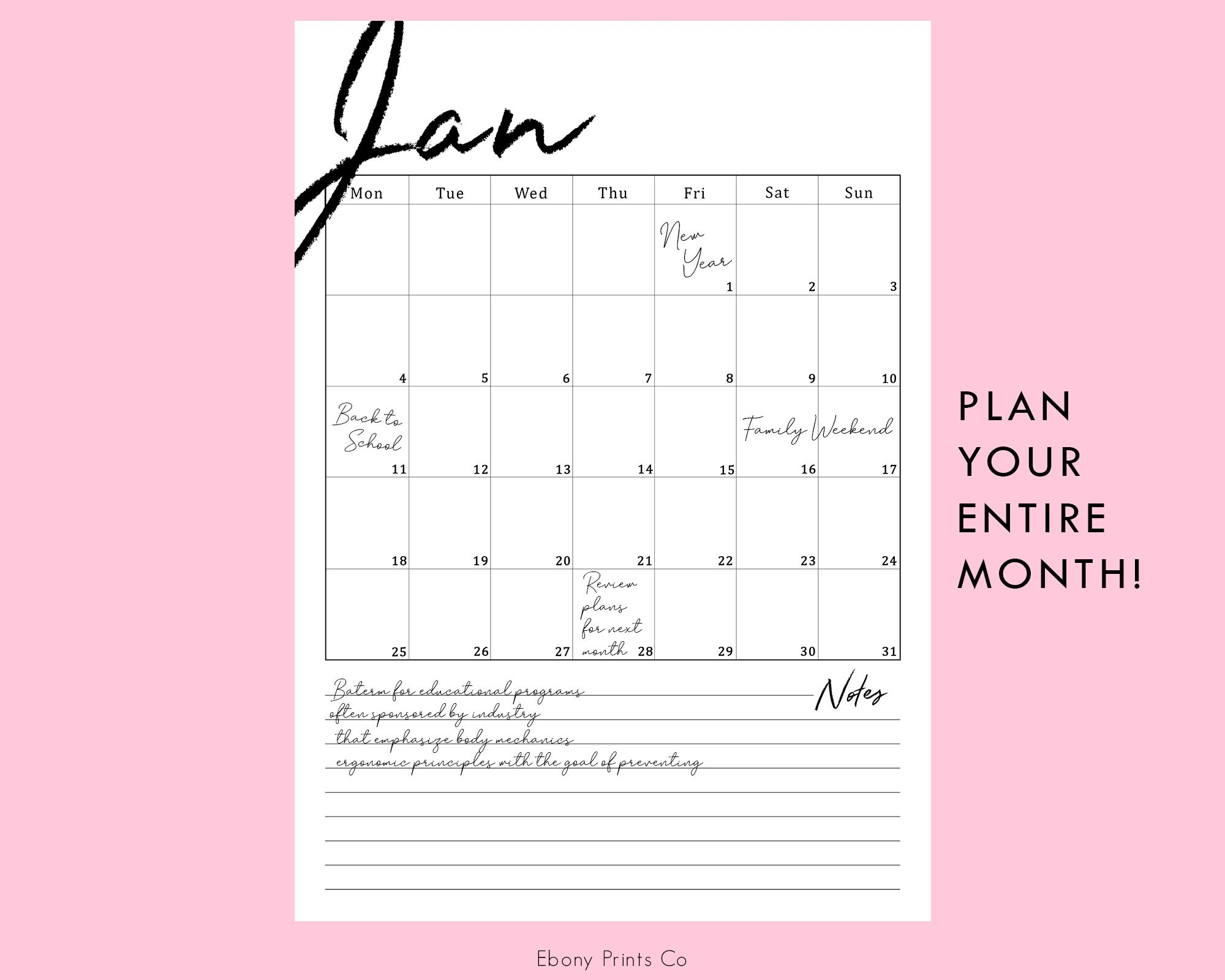 2021 Monthly Calendar Vertical 12 Months Planner Printable