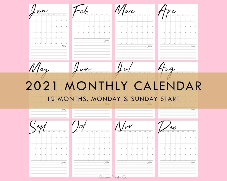 2021 Monthly Calendar Vertical 12 Months Planner Printable